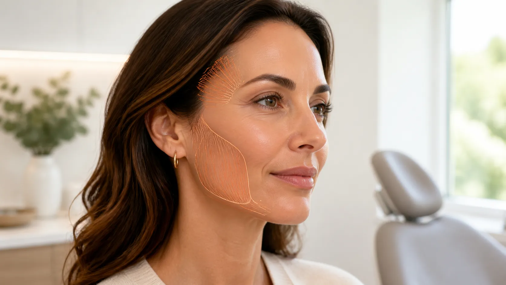 Patient with a subtle illustration of the temporalis and masseter muscle areas