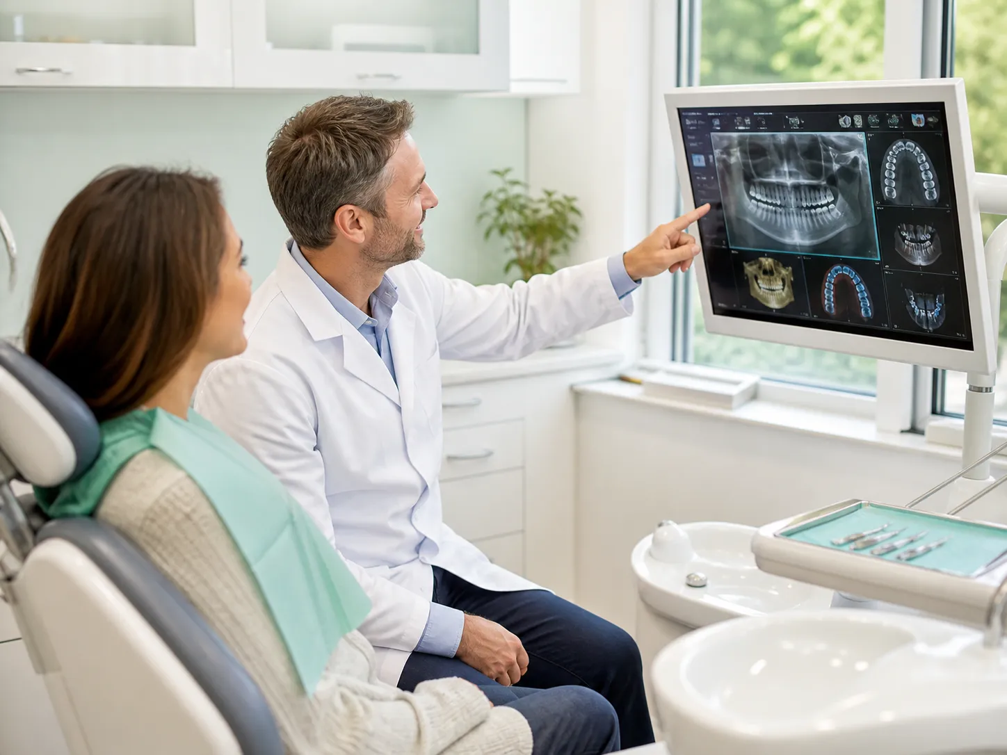 A dentist reviewing digital dental x-rays with a patient on a chairside monitor