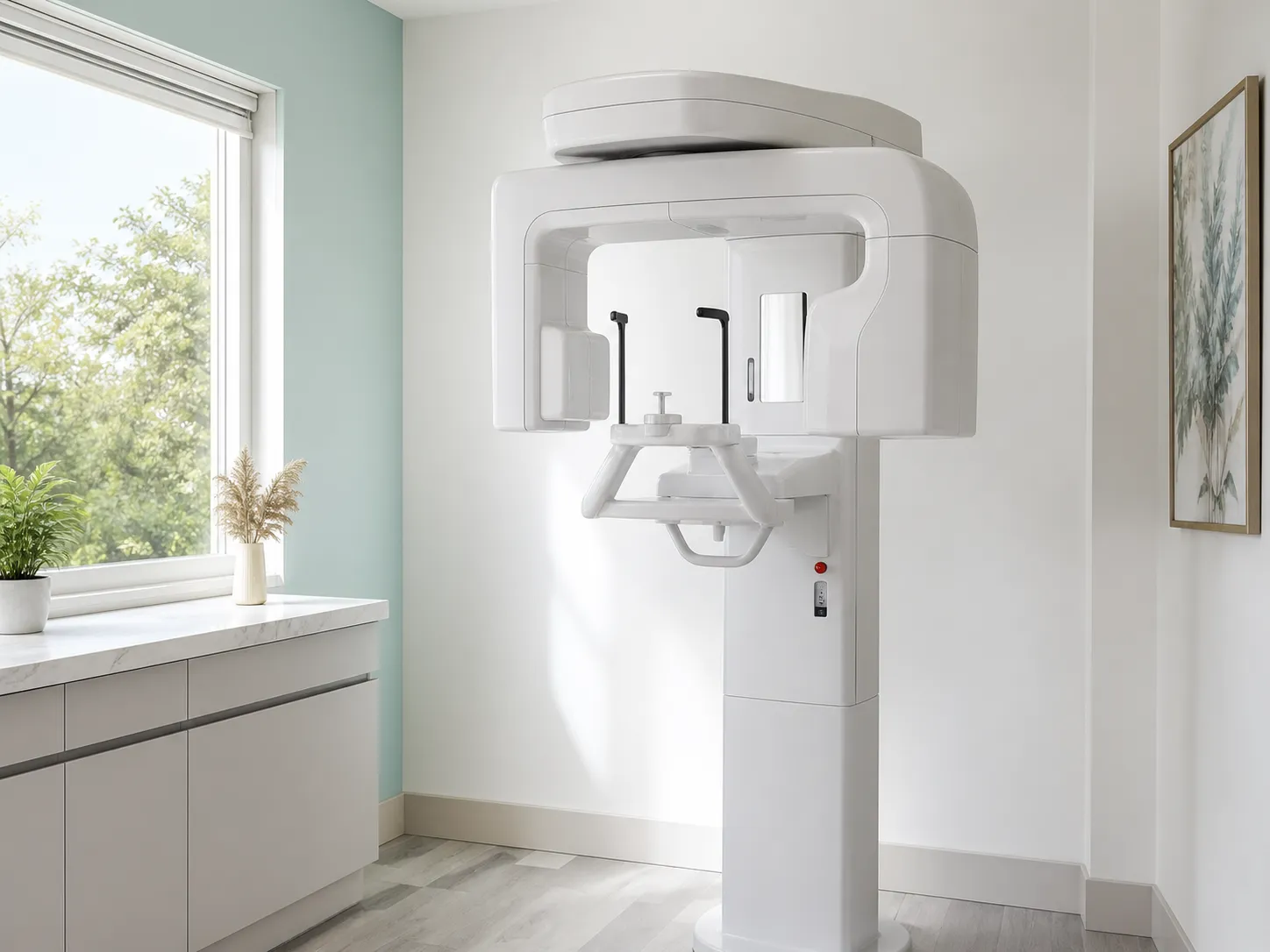 A bright dental imaging room with a panoramic x-ray machine
